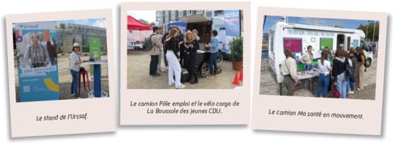 Stand de l'Urssaf, camion Pôle Emploi, vélo cargo de La Boussole des jeunes CDIJ et camion Ma santé en mouvement