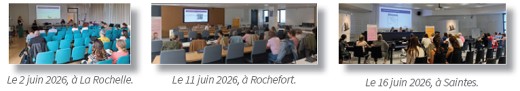 Photos des formations des 2 juin 2026 à La Rochelle, 11 juin 2026 à Rochefort et 16 juin 2026 à Saintes