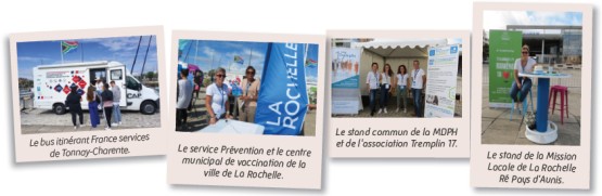 Bus itinérant France services de Tonnay-Charente, service Prévention et centre municipal de vaccination de la ville de La Rochelle, stand commun MDPH/association Tremplin 17 et stand de la Mission Locale de La Rochelle Ré Pays d'Aunis