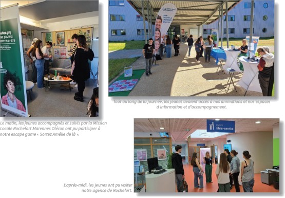Photos Journée Santé Jeunes : Le matin, les jeunes accompagnés et suivis par la Mission Locale Rochefort Marennes Oléron ont pu participer à notre escape game « Sortez Amélie de là ». Tout au long de la journée, les jeunes avaient accès à nos animations et nos espaces d'information et d'accompagnement. L'après-midi, les jeunes ont pu visiter notre agence de Rochefort.