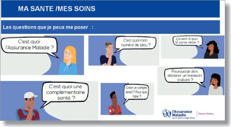 Les questions que je peux me poser : c'est quoi l'Assurance Maladie ? C'est quoi une complémentaire santé ? C'est quoi mon numéro de sécu ? Créer un compte ameli, pour quoi faire ? Ca sert à quoi la carte Vitale ? Pourquoi je dois déclarer un médecin traitant ?